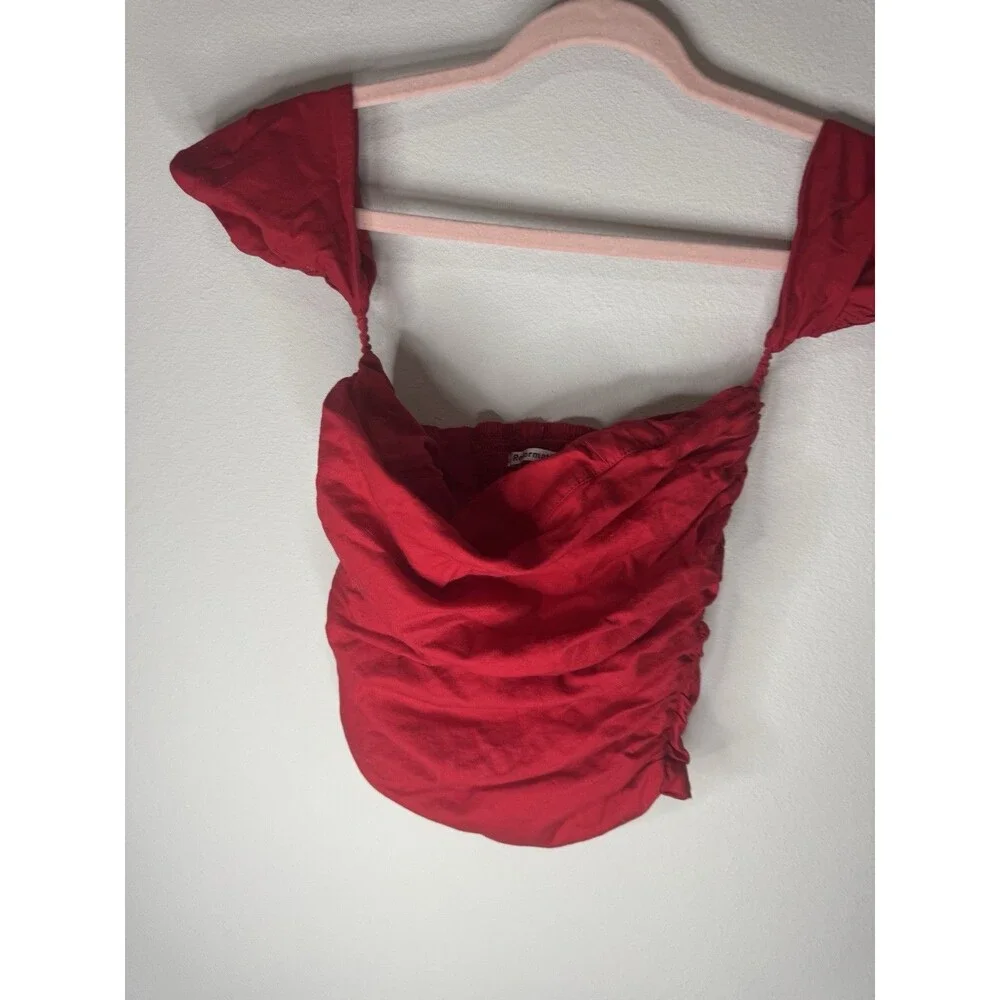 Reformation Red Cotton Spandex Knit Off-Shoulder Ruched Puff Sleeve Crop 4